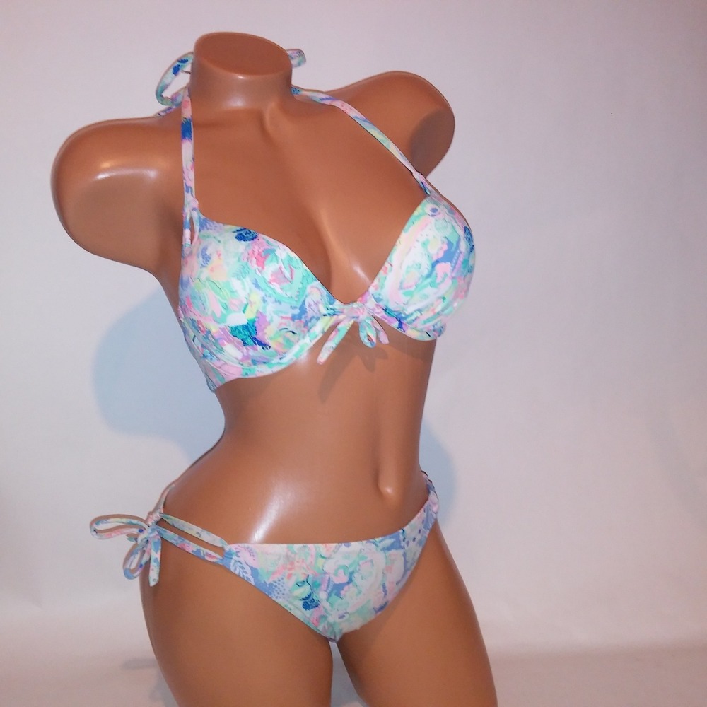 Victoria Secret Swim Bikini 32C Top Medium Bottom Push Up Blue Paisley Halter